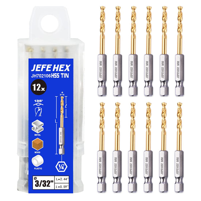 JEFE HEX 3/32 HSS Titanium Hex Shank Drill Bit (Pack of 12)