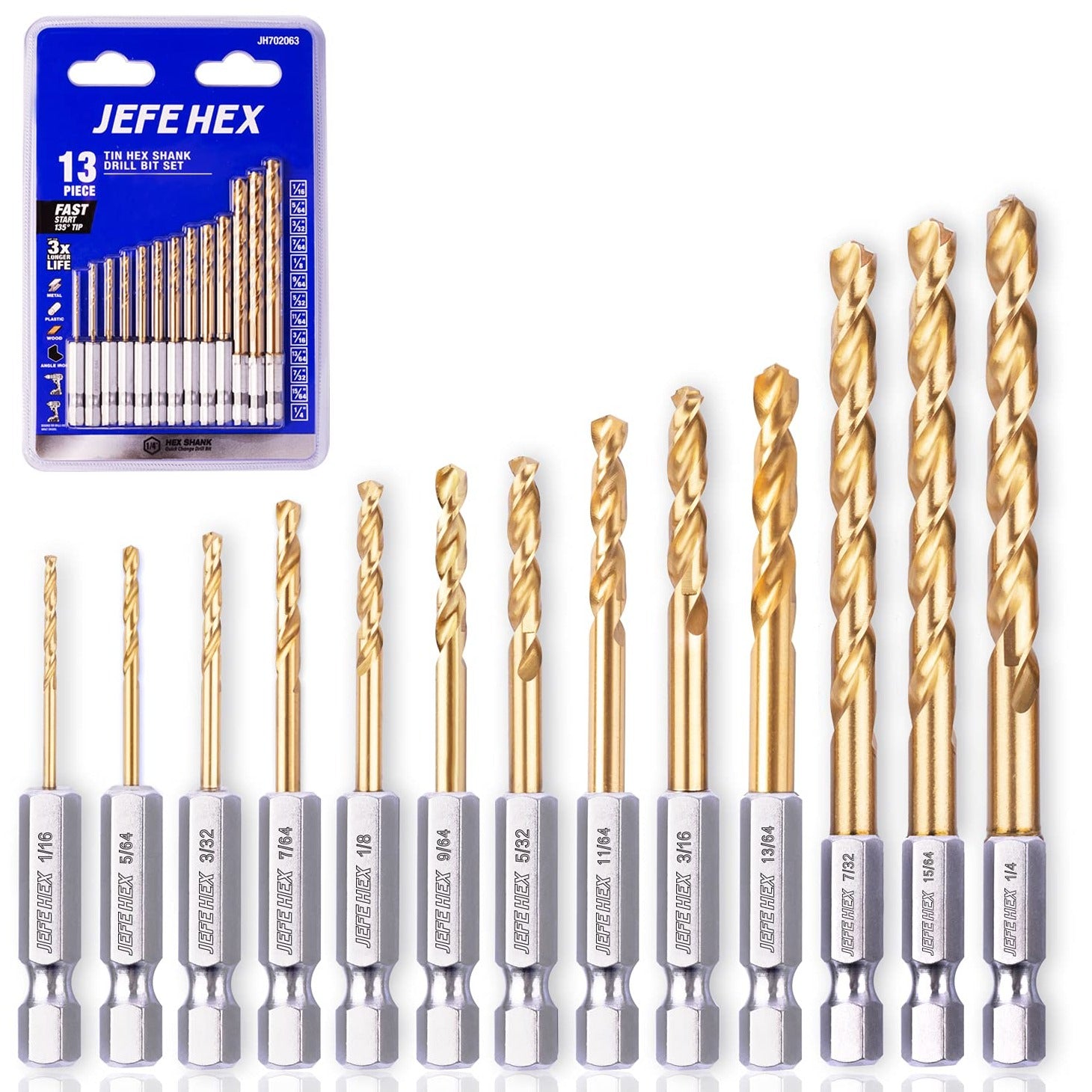 JEFE HEX Drill Bit Set- HSS Jobber Drill Bits, 3-Flat Shank, Black and