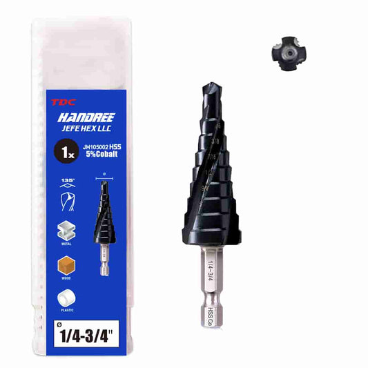 1/4"-3/4” M35 Cobalt Step Drill Bit with Three Spiral Flutes and Hex Shank for Stainless Steel