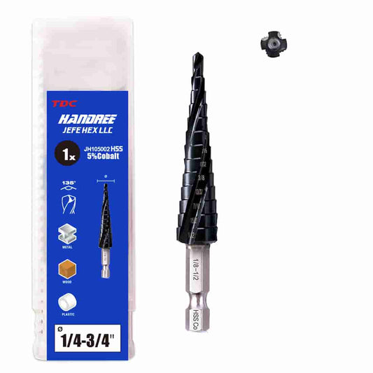 1/8"-1/2” M35 Cobalt Step Drill Bit with Three Spiral Flutes and Hex Shank for Stainless Steel