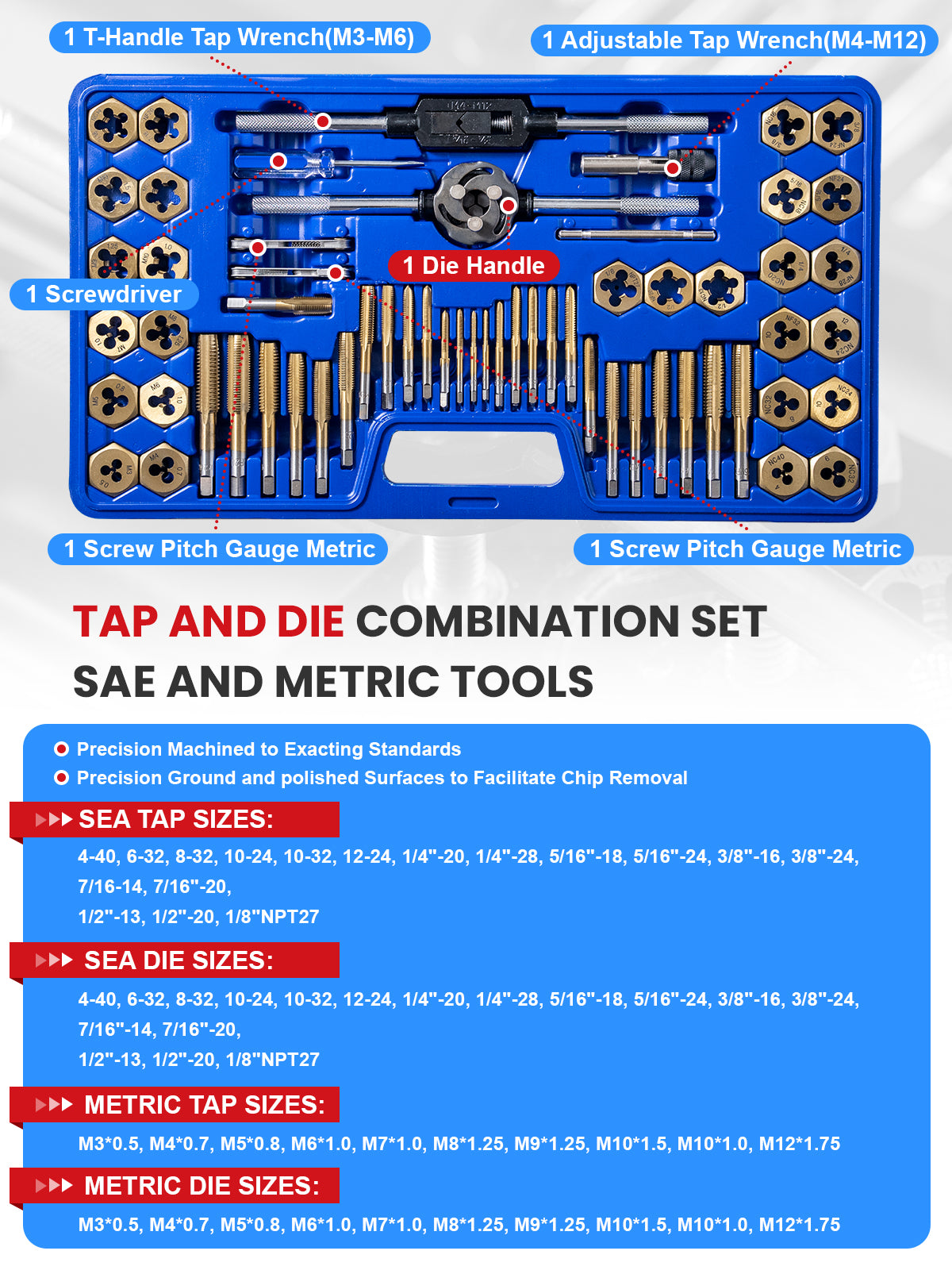 60PCS SAE & Metric Tap and Die Set Essential Threading Tool for Cutting External & Internal Threads and Repair Damaged Threads