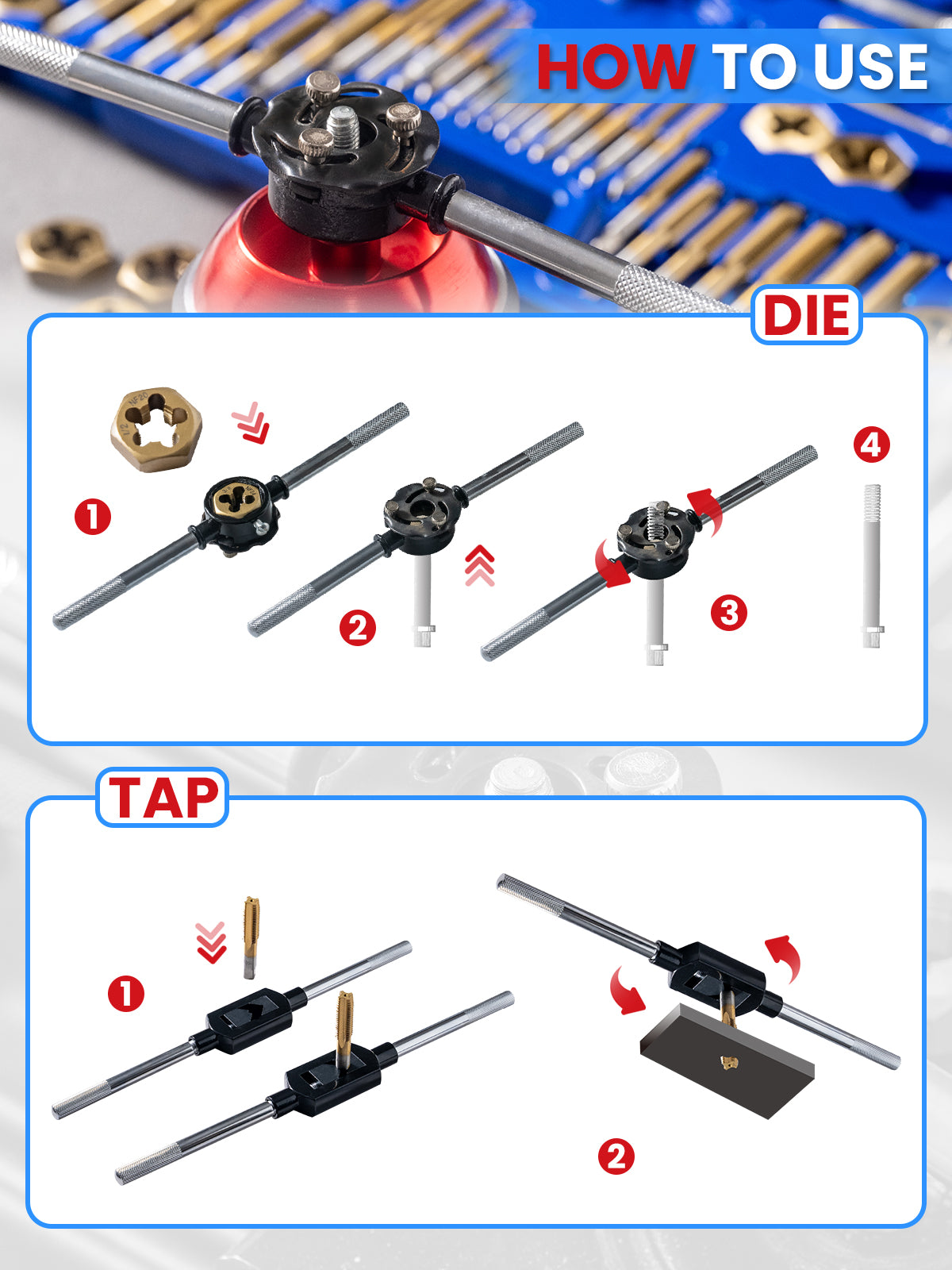 60PCS SAE & Metric Tap and Die Set Essential Threading Tool for Cutting External & Internal Threads and Repair Damaged Threads