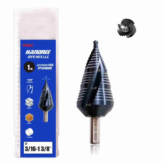 3/16"-1 3/8” M35 Cobalt Step Drill Bit with Three Spiral Flutes and Hex Shank for Stainless Steel