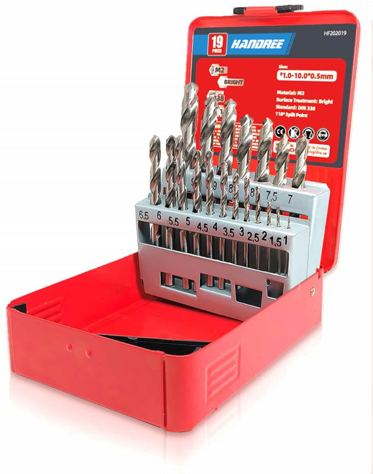 19 PCS HSS Metric Drill Bit Set, 1-10mm Twist Jobber Length Drill Bit Kit