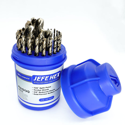 JEFE HEX 29 PCS M35 Cobalt Drill Bit Set, HSS Twist Jobber Drill Bits with 135 Degrees Split Point and Three-Flat Shank(1/16” - 1/2” x 1/64”)