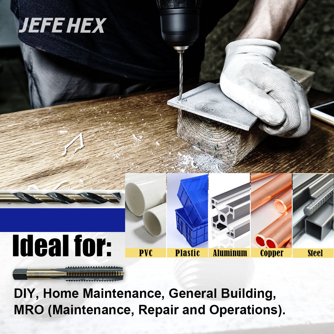 JEFE HEX 18-Piece Drill and Tap Set with 1 Piece T-Handle Ratchet Tap Wrench