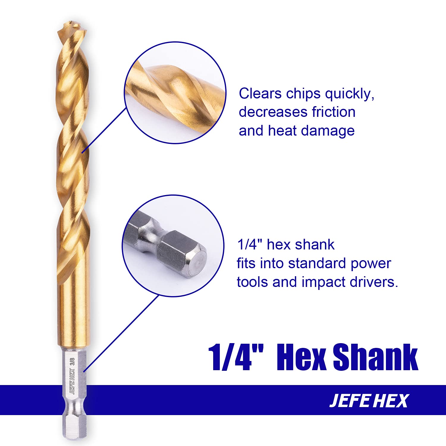 JEFE HEX Drill Bit Set- HSS Jobber Drill Bits, 3-Flat Shank, Black and