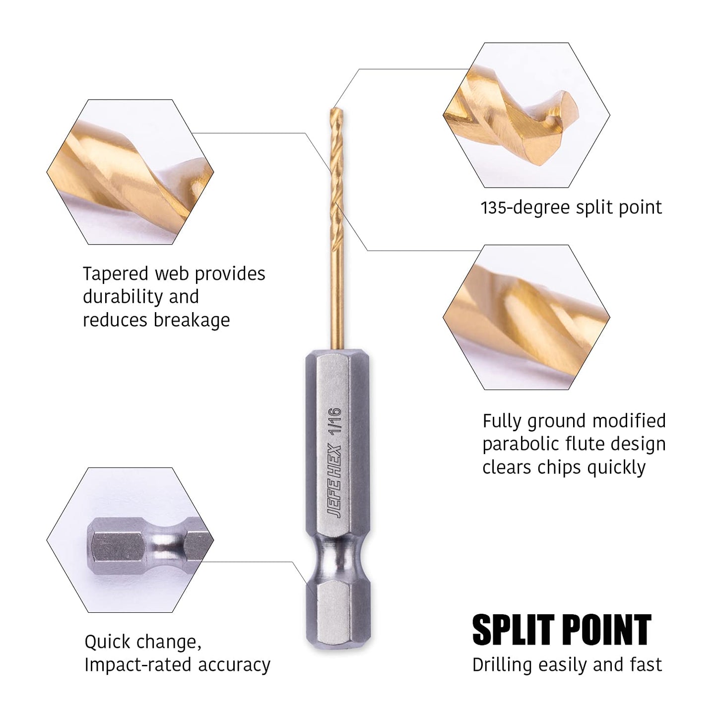 JEFE HEX 1/16" HSS Hex Shank Titanium Drill Bits, 135 Degree Split Point (Pack of 3)