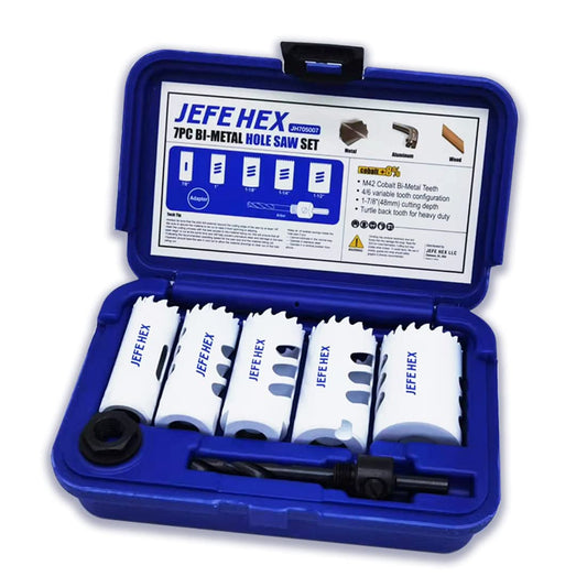 JEFE HEX Bi-Metal Hole Saw Kit, 7-Piece Hole Saw Set 7/8",1",1-1/8",1-1/4",1-1/2" and 1-1/2" Hole Saw with Mandrels