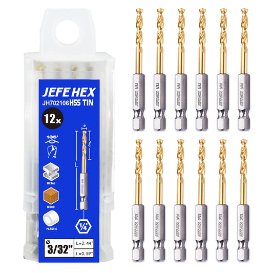 JEFE HEX 3/32 HSS Titanium Hex Shank Drill Bit for Quick Change, 135 Degree Split Point (Pack of 12)
