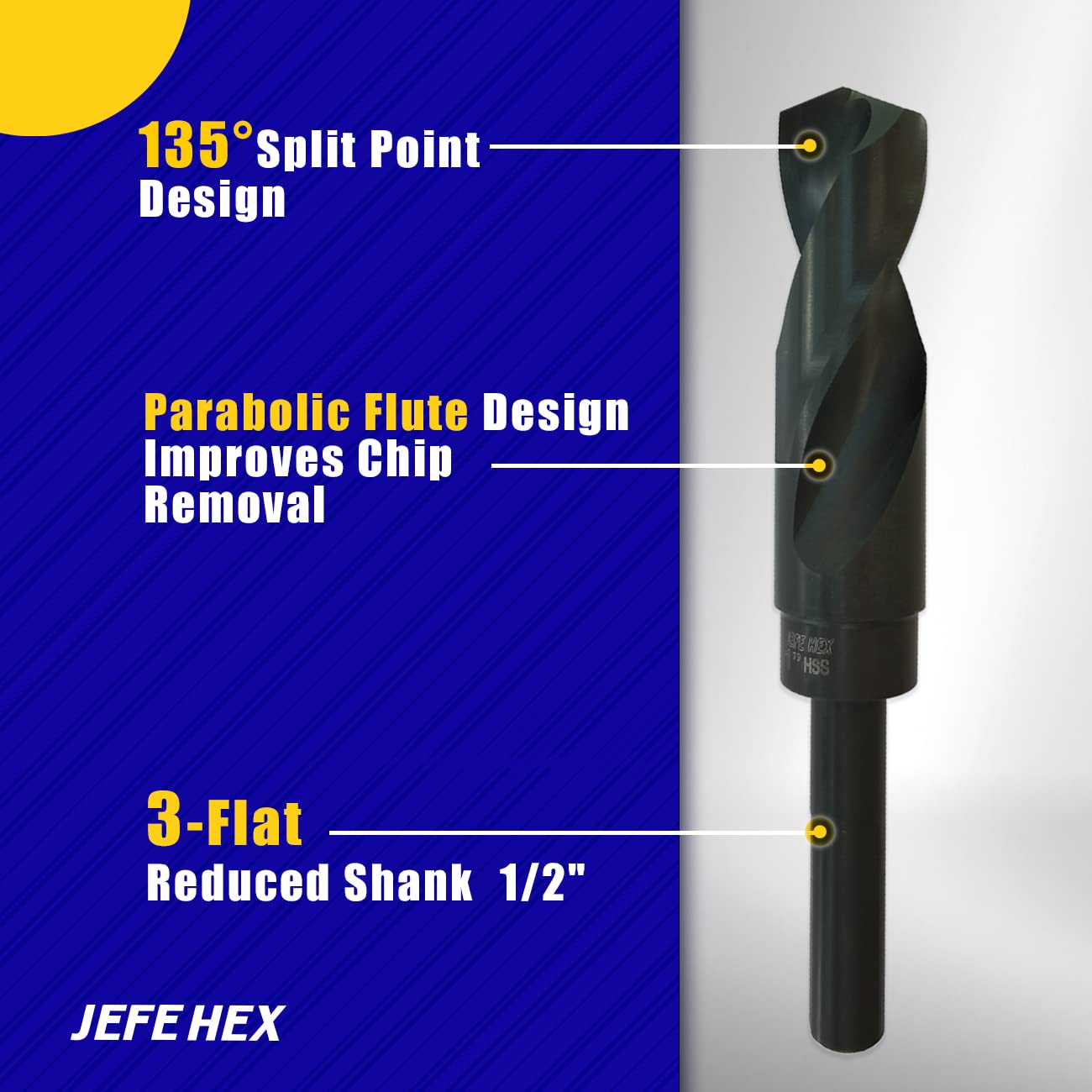 JEFE HEX 1 Inch 3PCS Black Oxide Reduced Shank Industrial Drill Bits with 135 Degree Split Point and 1/2" Shank