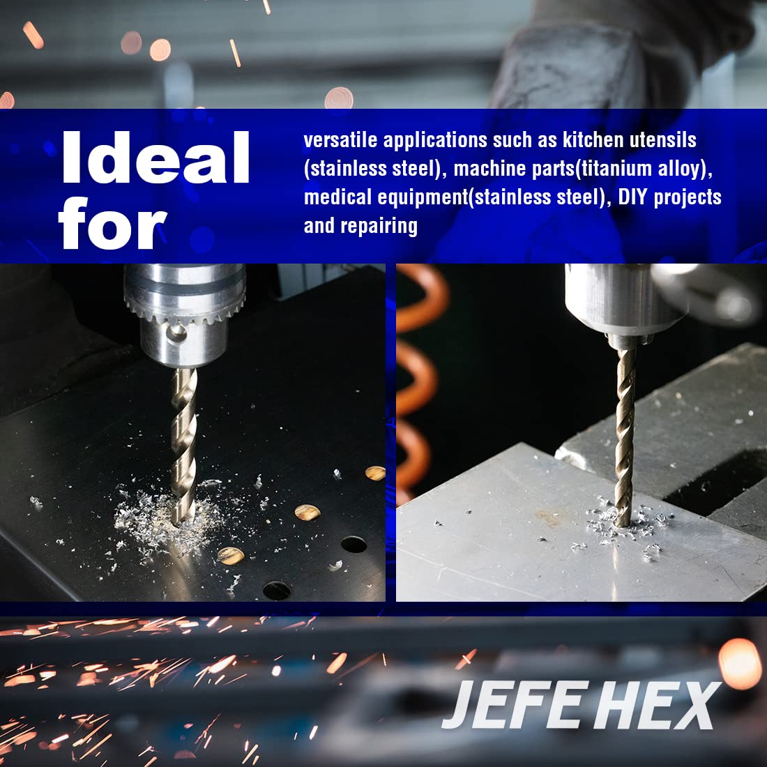 JEFE HEX 115 PCS HSS Cobalt Drill Bit Sets with 135 Degree Split Point, Fractional 1/16"-1/2", Letter A - Z, Wire #1 - #60