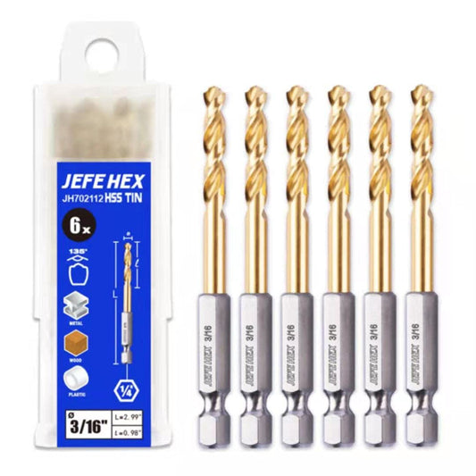 JEFE HEX 6-Piece 3/16" Twist Drill Bits HSS Hex Shank Drill Bit, 135 Degree Easy Cut Split Point