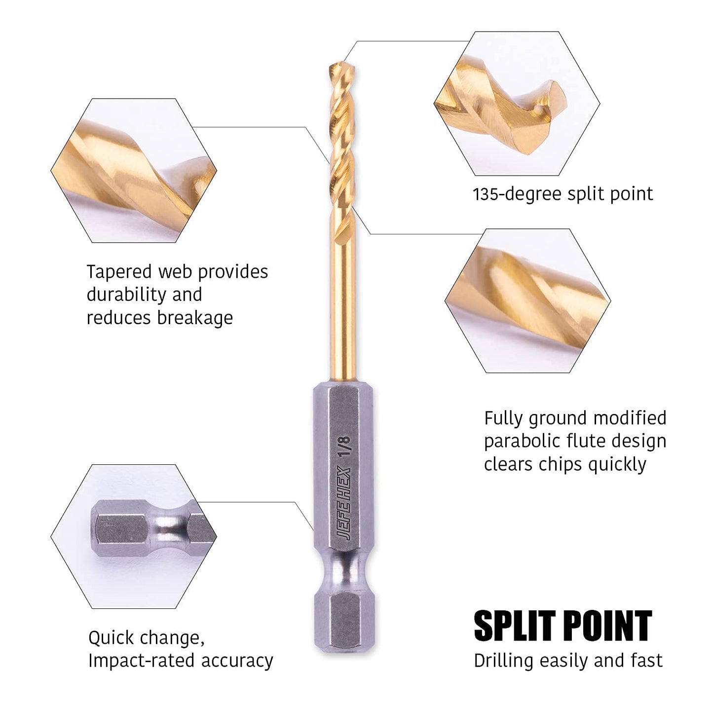 JEFE HEX 1/16" HSS Titanium Hex Shank Drill Bits, 135 Degree Split Point(Pack of 12)