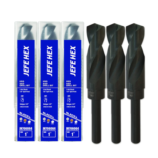 JEFE HEX 1 Inch 3PCS Black Oxide Reduced Shank Industrial Drill Bits with 135 Degree Split Point and 1/2" Shank