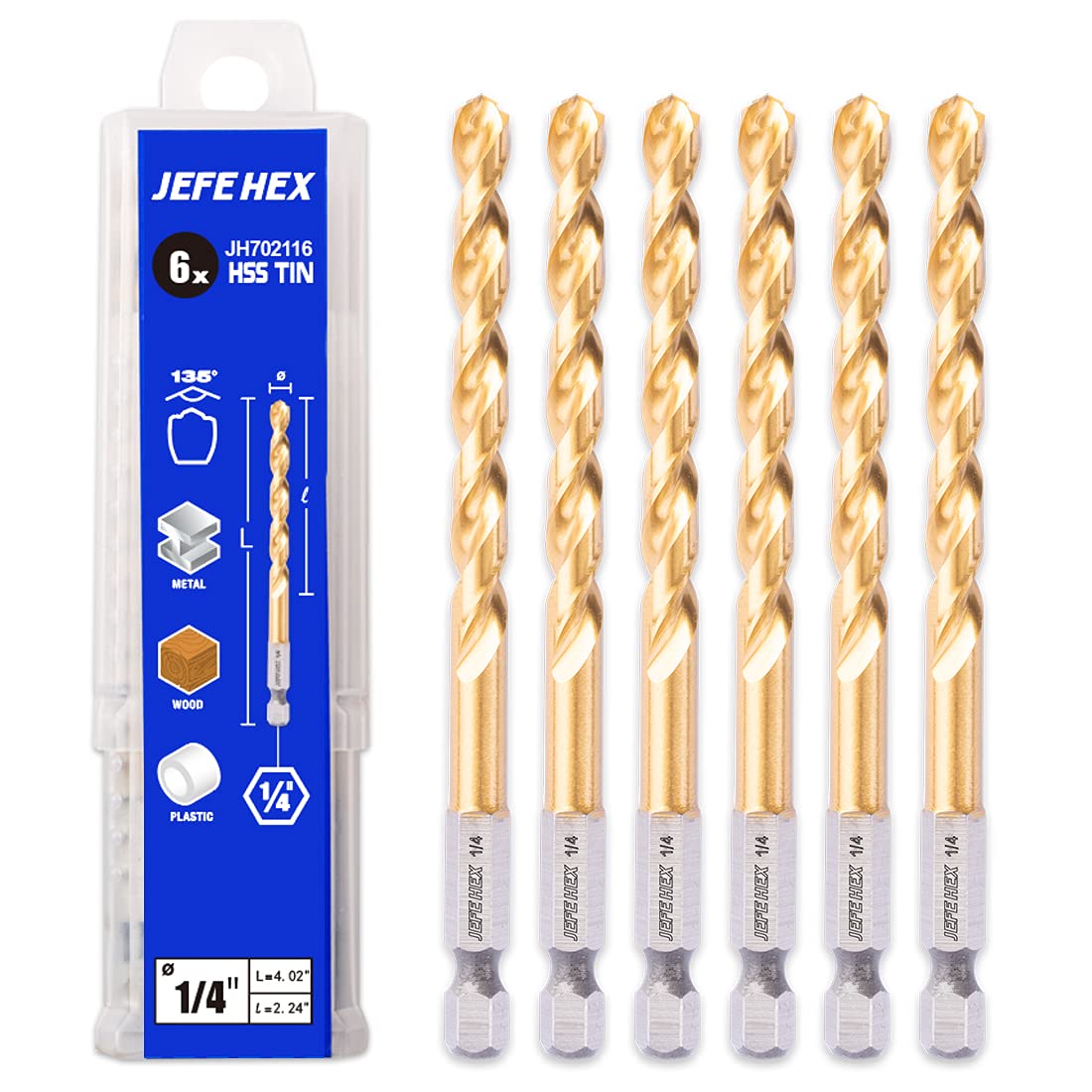 JEFE HEX 1/4" 6PCS HSS Twist Titanium Drill Bits, with 135 Degree Point, Hex Shank for Quick Change