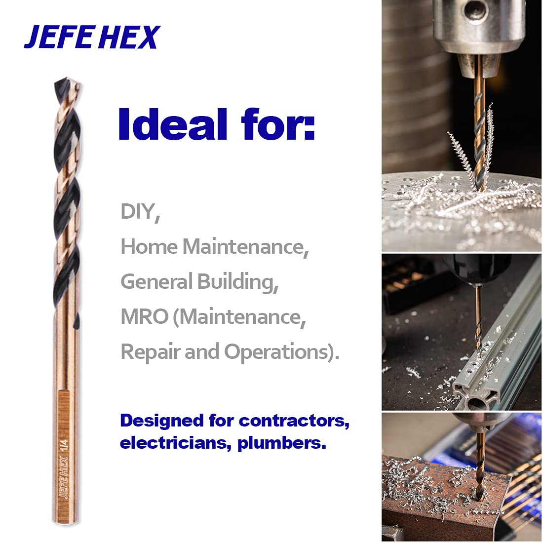 JEFE HEX Drill Bit Set- HSS Jobber Drill Bits, 3-Flat Shank, Black and