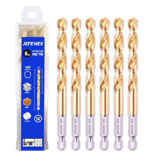 JEFE HEX 5/16" Hex Shank Titanium HSS Twist Drill Bits, 135 Degree Easy Cut Split Point Drill Bit (Pack of 6)