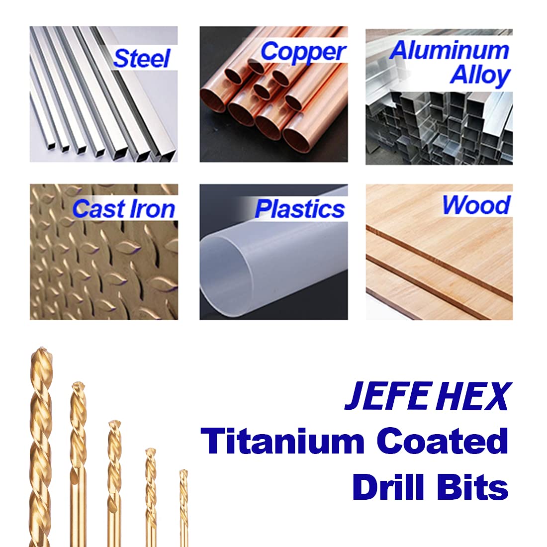 JEFE HEX 1/8" 12 PCS HSS Titanium Hex Shank Drill Bits-Impact Driver Twist Drill Bit Set for Steel, Wood, Plastics, Copper, Aluminum Alloy