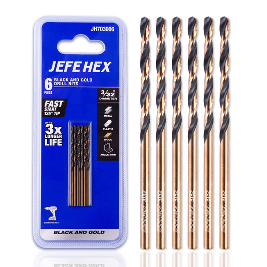 JEFE HEX 3/32 Inch 6 PCS Black and Gold Finished Jobber Drill Bits with 3 Flats Shank