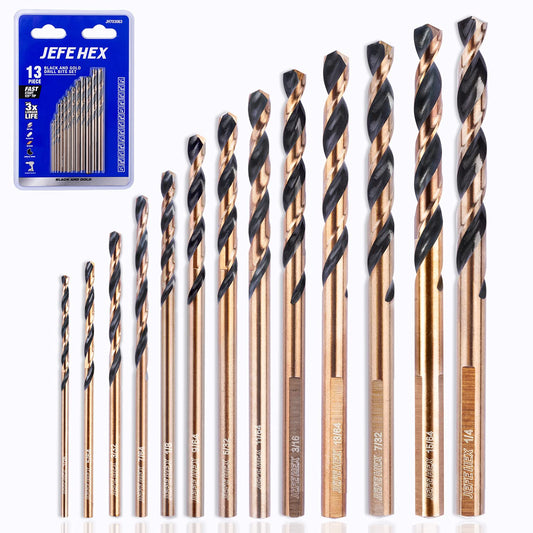 JEFE HEX 13 PCS 1/16"- 1/4" Black & Gold Finished HSS Drill Bit Set with 3-Flat Shank and 135 Degree Split Point