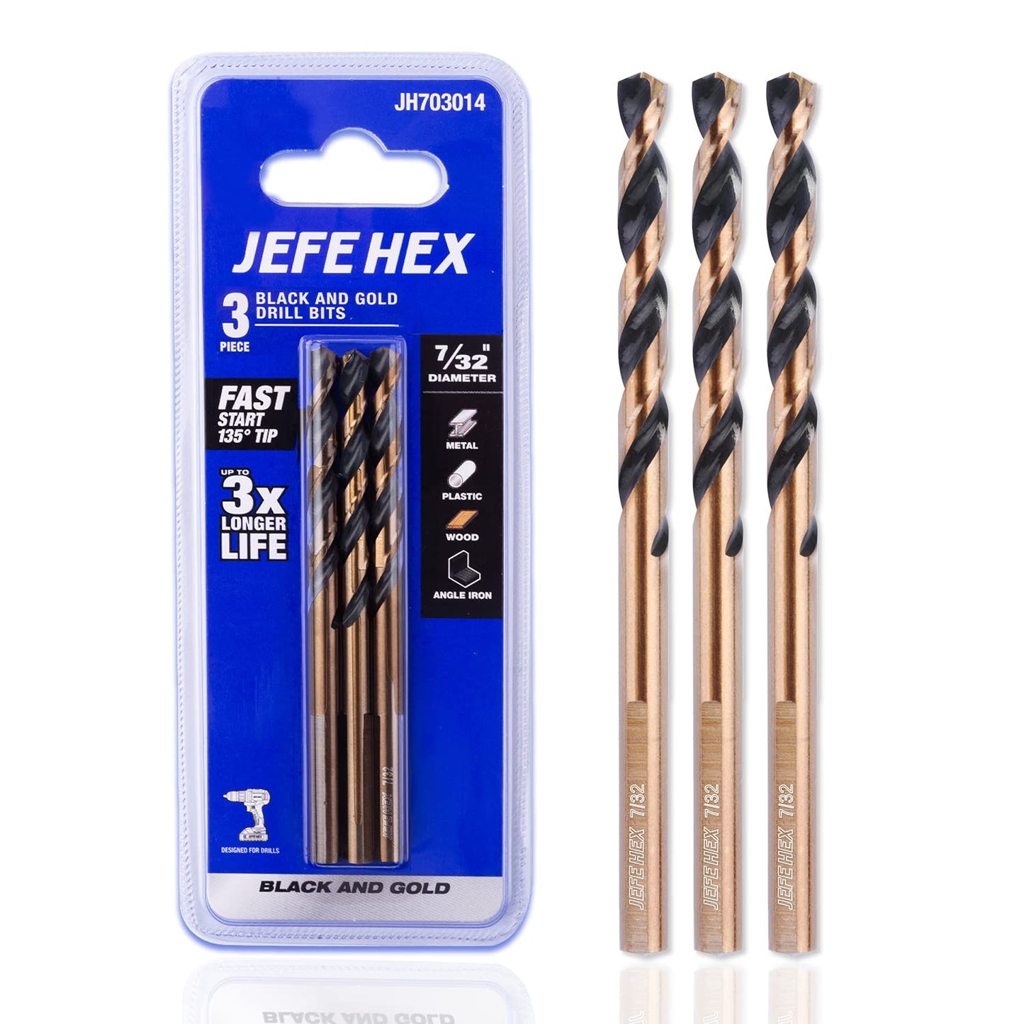 JEFE HEX 7/32" 3 Pieces Black & Gold Finished HSS Drill Bits