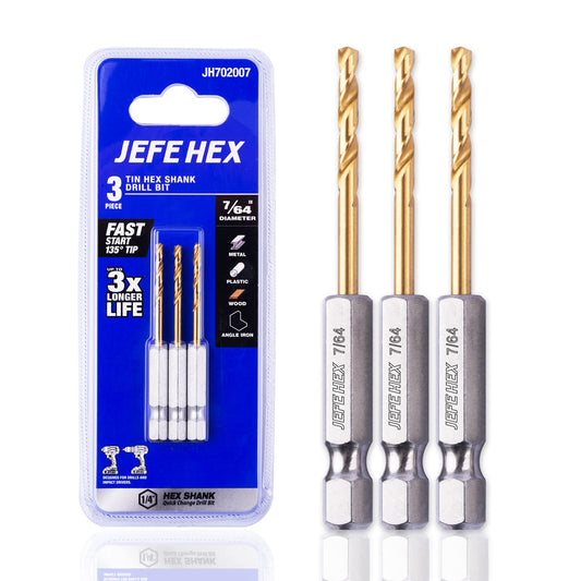 JEFE HEX 3-Piece 7/64" Hex Shank Drill Bit Titanium Coated HSS Twist Drill Bit, 135 Degree Split Point for Accurate Hole