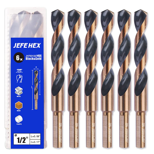 JEFE HEX 6 PCS 1/2" Dia. 5" OAL 3-Flat Shank HSS Twist Drill Bit with Black and Gold Finish,