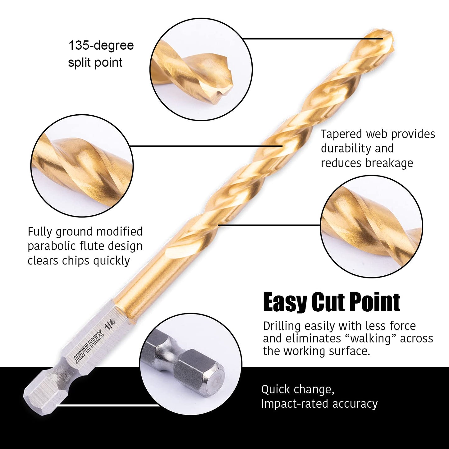 JEFE HEX 1/4" HSS Twist Titanium Hex Shank Drill Bits, 135 Degree Easy Cut Split Point (Pack of 2).