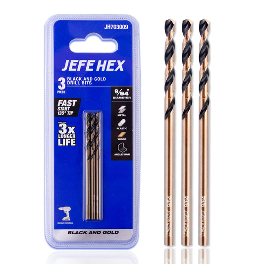 JEFE HEX 9/64" 3PCS HSS Black and Gold Finished Twist Drill Bit with 3- Flat Shank