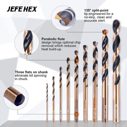 JEFE HEX 9-Piece Twist Drill Bits Set with 3 Flat Shank