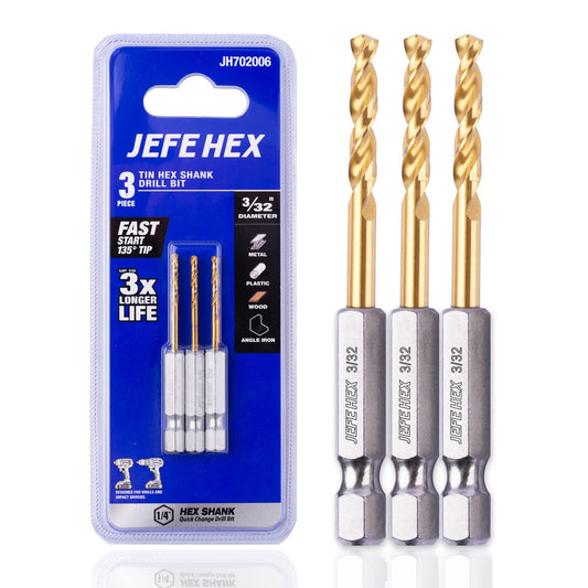 JEFE HEX 3/32" 3 Piece Titanium Coated Hex Shank Drill Bits with 135 Degree Split Point and 3-Flat Shank