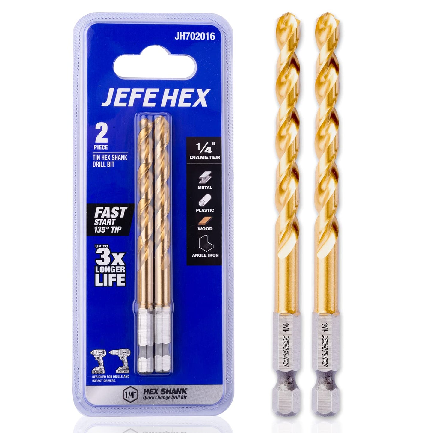 JEFE HEX 1/4" HSS Twist Titanium Hex Shank Drill Bits, 135 Degree Easy Cut Split Point (Pack of 2).