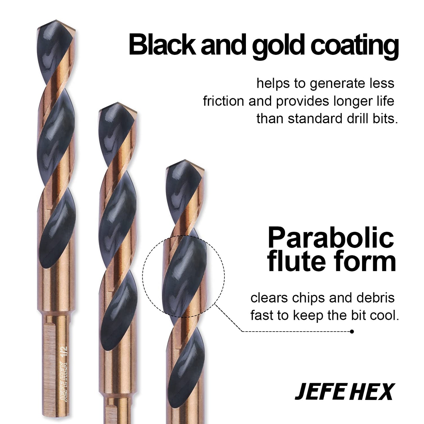 JEFE HEX 6 PCS 1/2" Dia. 5" OAL 3-Flat Shank HSS Twist Drill Bit, Black and Gold Finish, 135 Degree Split Point