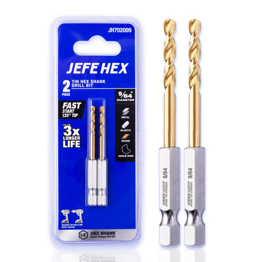 JEFE HEX 9/64" HSS Hex Shank Drill Bits, Titanium Coated Twist Power Tool Accessory. 135 Degree Split Point