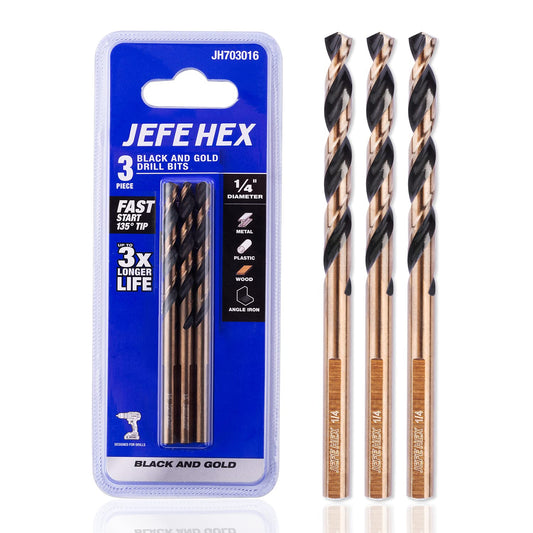 JEFE HEX 3 PCS 1/4" High Speed Steel Black & Gold Finished Drill Bit Jobber Length with 3-Flat Shank