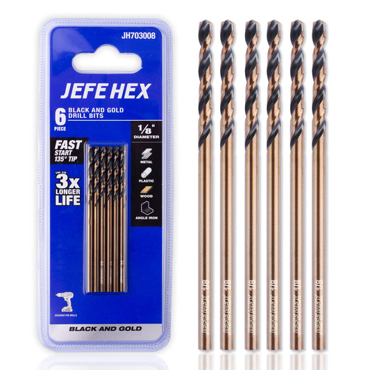 JEFE HEX 6 PCS 1/8" Black & Gold HSS Twist Drill Bits with 135 Degree Split Point and 3- Flat Shank