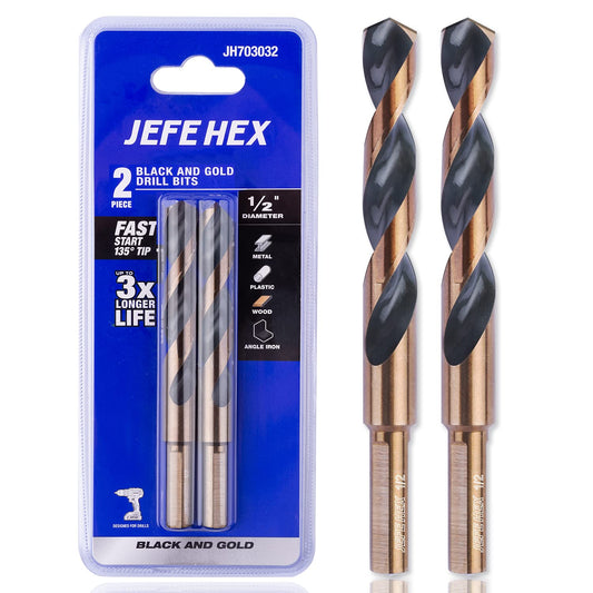 JEFE HEX 2 Piece 1/2" Dia. 5" OAL Black and Gold Finished HSS Twist Drill Bit 3-Flat Shank and 135 Degree Split Point