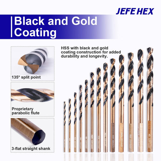 JEFE HEX 13 PCS 1/16"- 1/4" Black & Gold Finished HSS Drill Bit Set with 3-Flat Shank