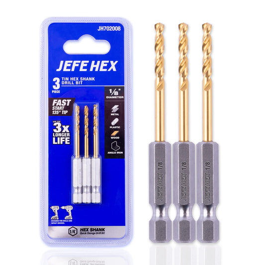 JEFE HEX 1/8" High Speed Steel Titanium Twist Drill Bit Set, 135 Degree Split Point for Anti-Walking Hex Shank Drill Bits (Pack of 3)