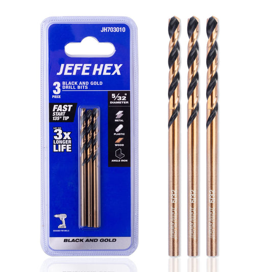 JEFE HEX 5/32" Black & Gold Finished HSS Drill Bits with 135 Degree Split Point and 3- Flat Shank