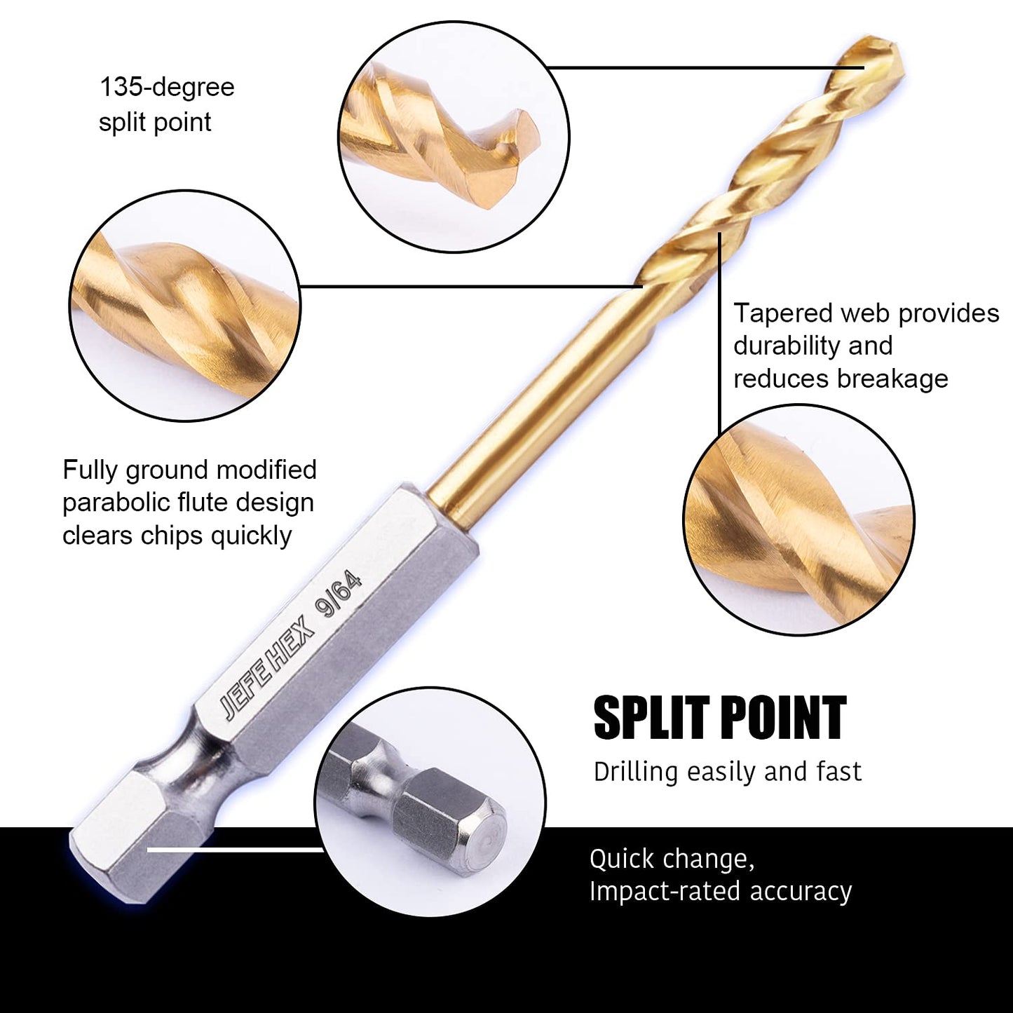 JEFE HEX 9/64" HSS Hex Shank Drill Bits with Titanium Coated