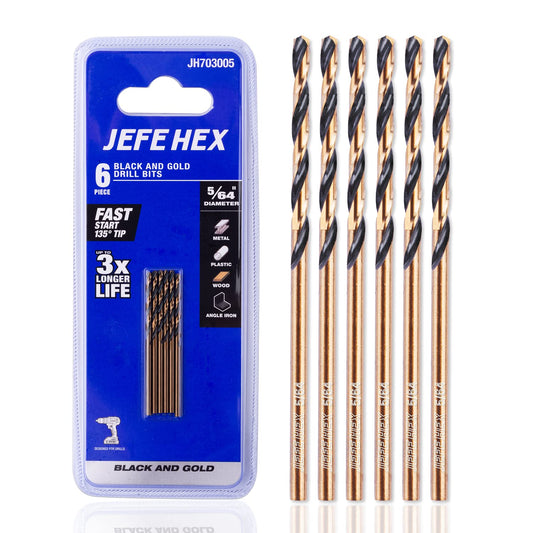 JEFE HEX 5/64" 6 PCS HSS Black & Gold Finished Jobber Length Twist Drill Bits