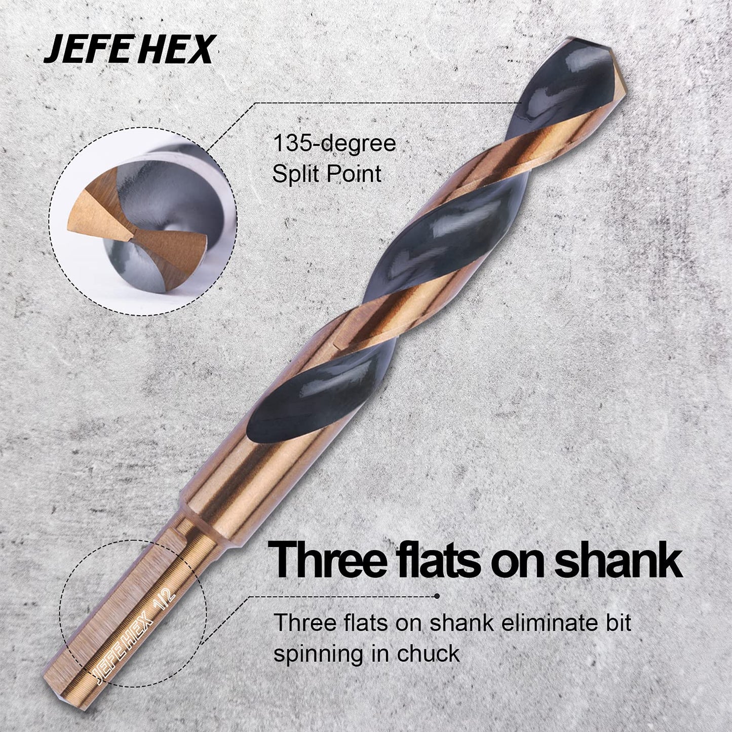 JEFE HEX 6 PCS 1/2" Dia. 5" OAL 3-Flat Shank HSS Twist Drill Bit, Black and Gold Finish, 135 Degree Split Point