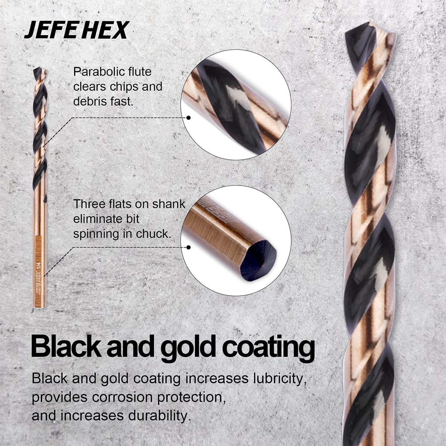 JEFE HEX 7/32" 3 Pieces Black & Gold Finished HSS Drill Bits